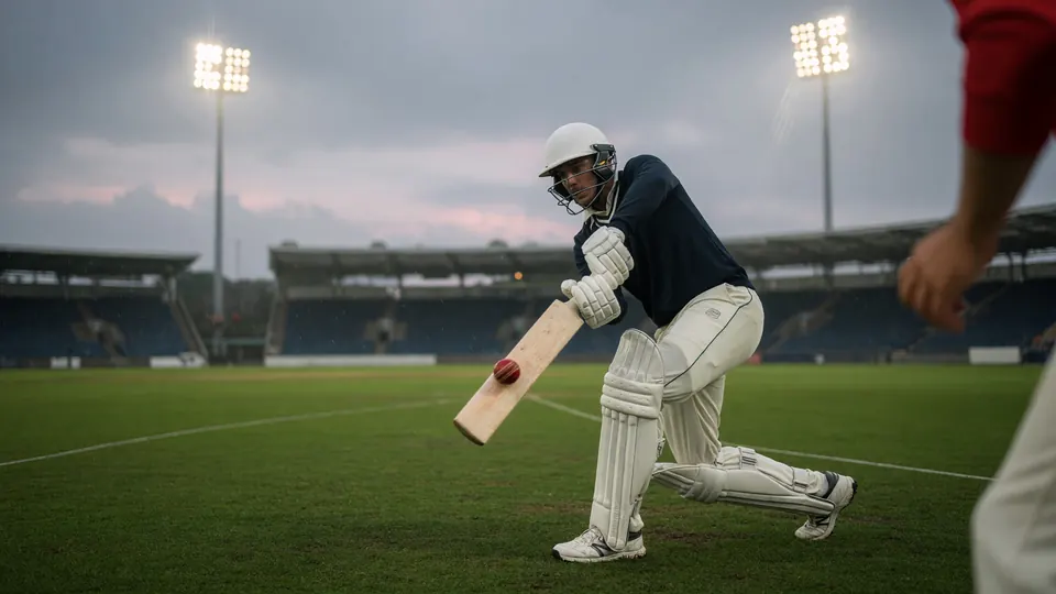 Batter playing a defensive shot against a rising delivery on a green outfield