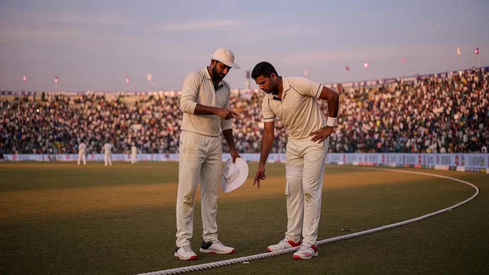 Two cricketers in kit talking near the boundary rope under evening stadium light