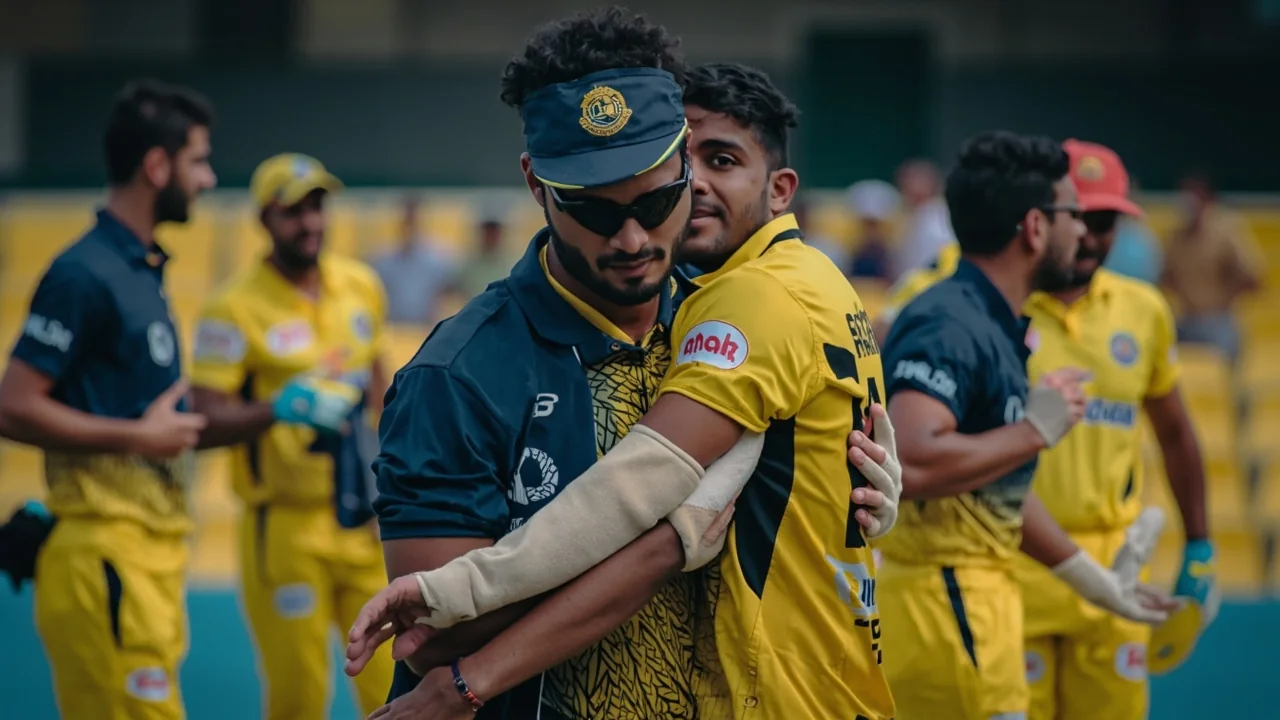 Fielders in catching positions and a bowler at the top of the mark on a floodlit T20 pitch with the batter set at the crease