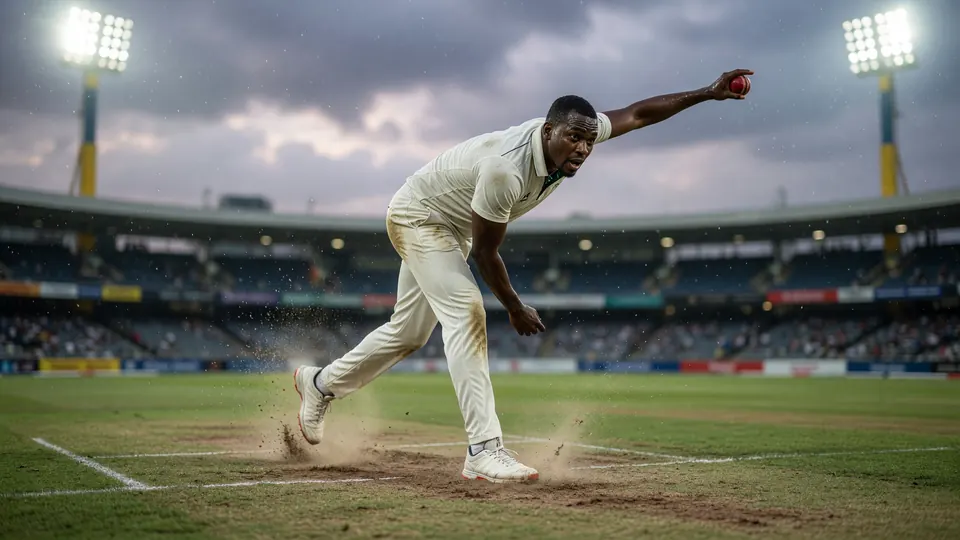 Fast bowler in delivery stride on a green pitch under stadium lights