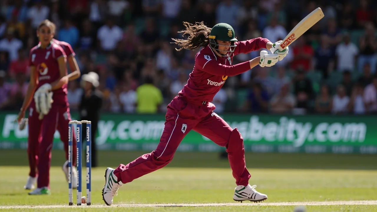 Two fielders in catching positions at the Coolidge Cricket Ground, with the bowler at the top of his mark and the batter set at the crease during an ODI