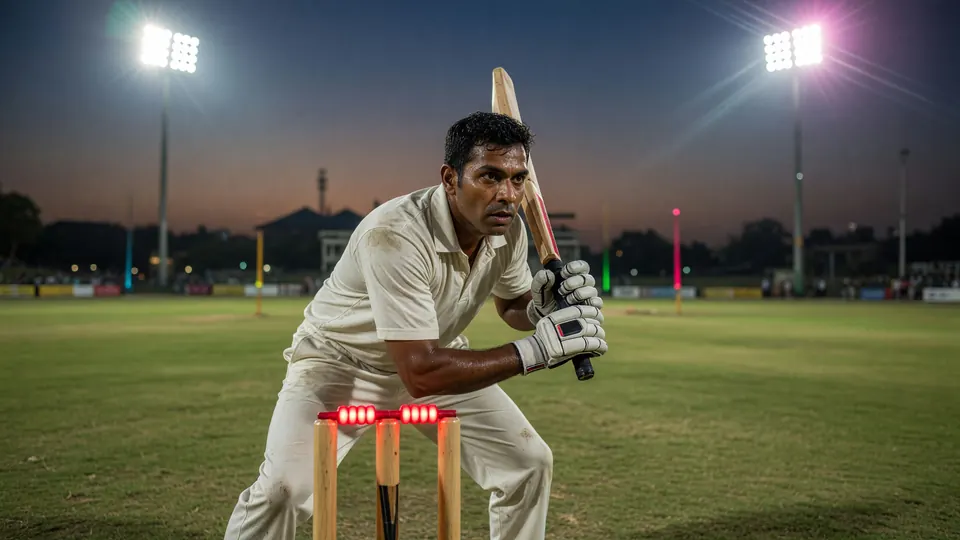 Wicketkeeper in gloves crouching behind the stumps on a green outfield at dusk